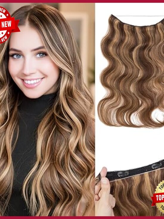 Real Human Hair Halo Extensions 18 Inch Wavy Invisible Wire Adjustable